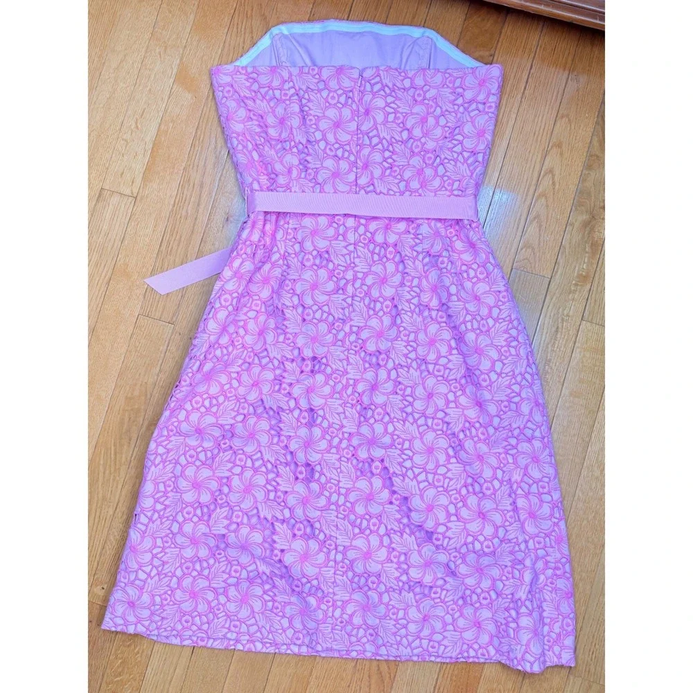Lilly Pulitzer Pink Floral Eyelet Lace Strapless Dress with Ribbon Belt Size 12 - Picture 6 of 9